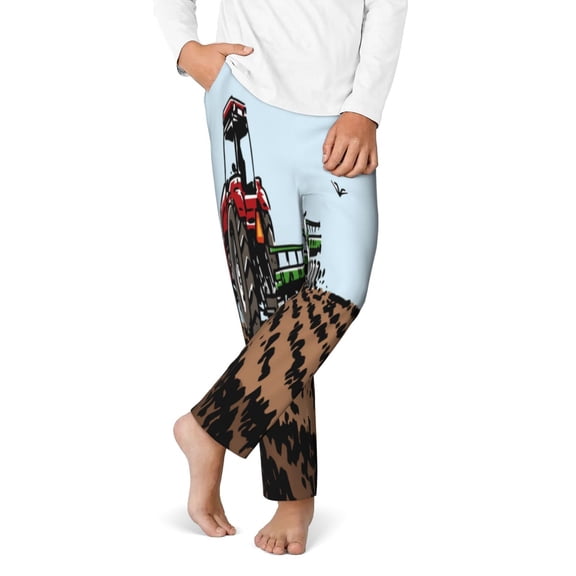 Gukieu Tractor plowing a field Print Youth Home Trousers, Elastic Waistband with Pockets for Home and Outing, Suitable for Children Aged 5-16-Small