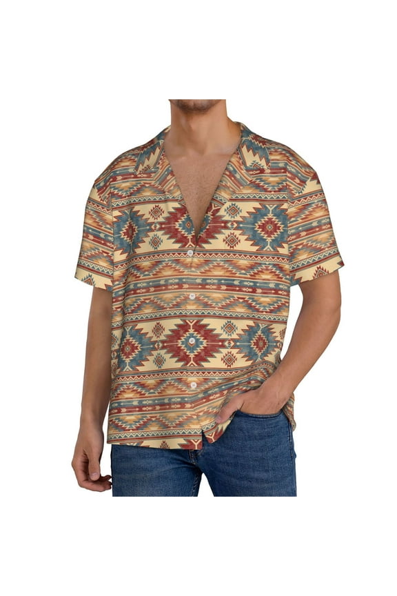 Traditional Tribal Aztec Print Men's Short-sleeved Shirts, Button-down Pocket Shirts, T-shirts, Beach Vacation Travel Summer Clothing-Medium