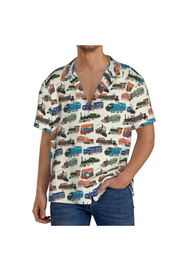 Train Print Men's Short-sleeved Shirts, Button-down Pocket Shirts, T-shirts, Beach Vacation Travel Summer Clothing-Small