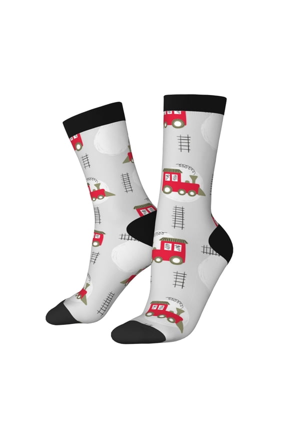 Trains Print Contrast Color Mid-calf Socks, Sweat-wicking Athletic Socks, Unisex Clothing Accessories