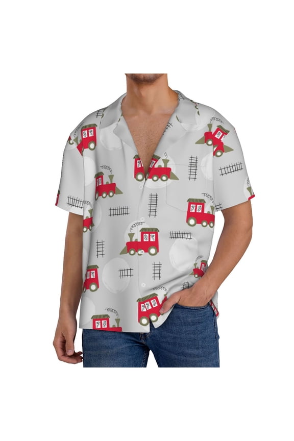 Trains Print Men's Short-sleeved Shirts, Button-down Pocket Shirts, T-shirts, Beach Vacation Travel Summer Clothing-Small