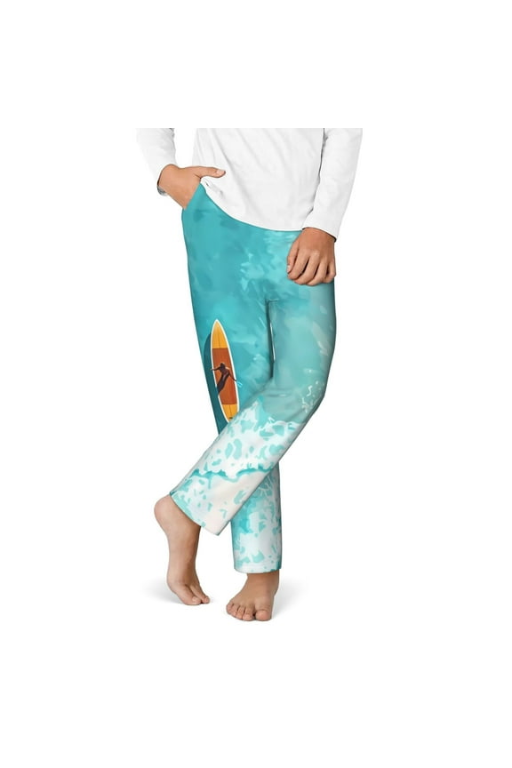 Tranquil Ocean Canoe Journey Print Youth Home Trousers, Elastic Waistband with Pockets for Home and Outing, Suitable for Children Aged 5-16-Large