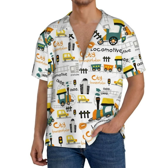 Gukieu Transportation Cartoon Print Men's Short-sleeved Shirts, Button-down Pocket Shirts, T-shirts, Beach Vacation Travel Summer Clothing-XX-Large