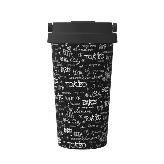 Gukieu Travel The World Print Insulated Coffee Cup, Portable Stainless Steel Vacuum Cup with Lid, Unisex, Suitable for Office, Cafe, Car