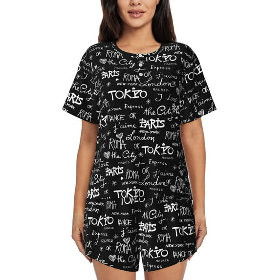 Gukieu Travel The World Print Women's Short-sleeved Pajama Set, Round Neck Button Top Elastic Shorts 2-piece Set, Summer Home Leisure Clothing-4X-Large