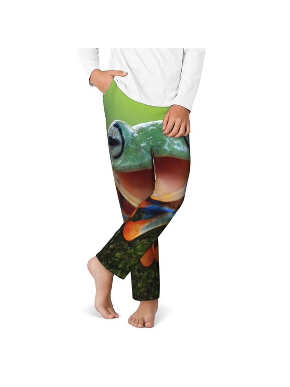 Tree Frog Print Youth Home Trousers, Elastic Waistband with Pockets for Home and Outing, Suitable for Children Aged 5-16-Small
