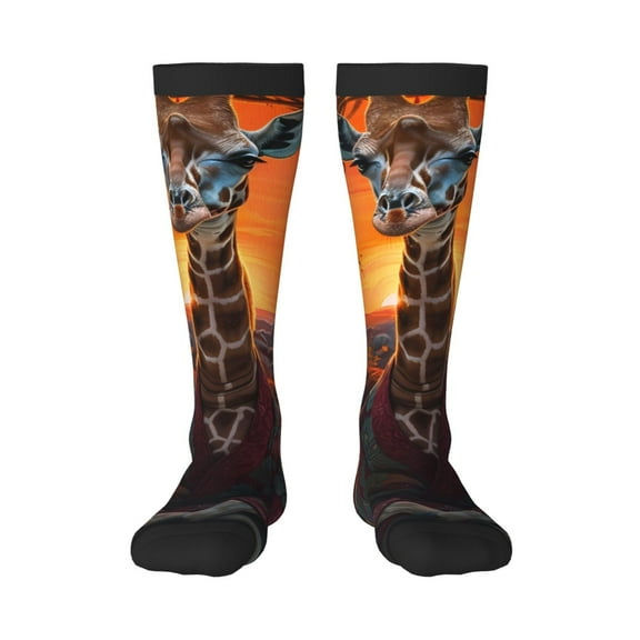 Gukieu Tree Hollow Meditating Giraffe Print Contrast Color Stockings, Elastic Sports Socks Warm Socks Clothing Accessories, Adult Unisex