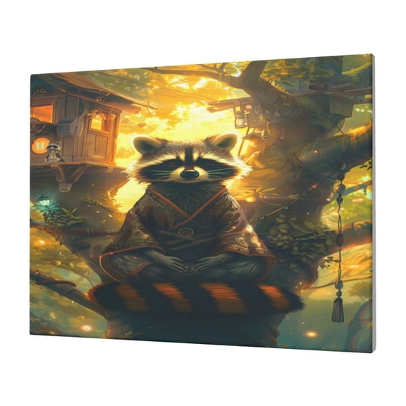 Gukieu Tree Meditating Raccoon Print Horizontal Canvas Decorative Painting 12x16 Inch Shrinkage Resistant Frame Hanging Home Wall Art Decor