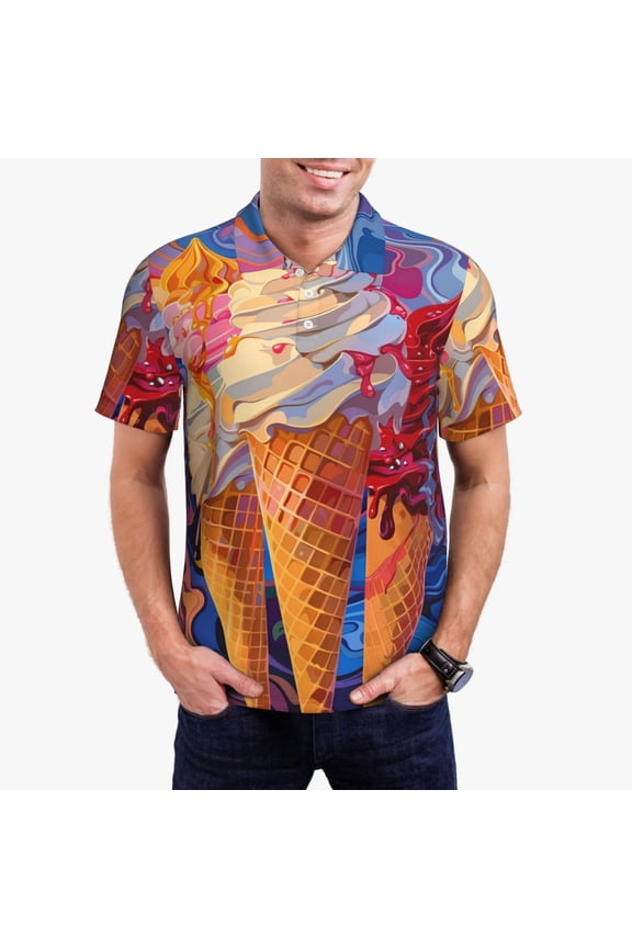 Trio Of Dripping Cones Print Men's Quick-drying POLO Shirt, Button-down Summer T-shirt, Suitable for Work and Outdoor Activities-Large