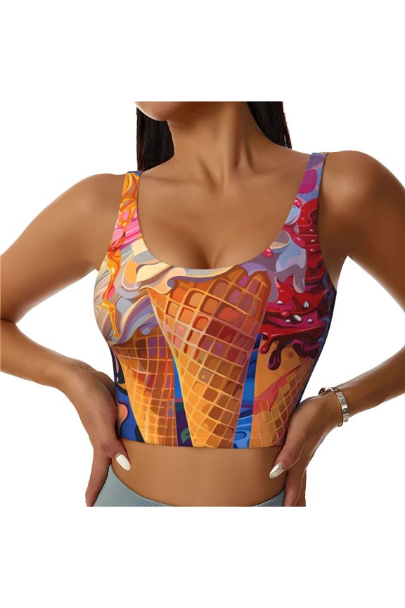 Trio Of Dripping Cones Print Women's Sports Vest, Low-neck U-shaped Removable Pad Sports Bra for Yoga, Exercise, Dance-Medium