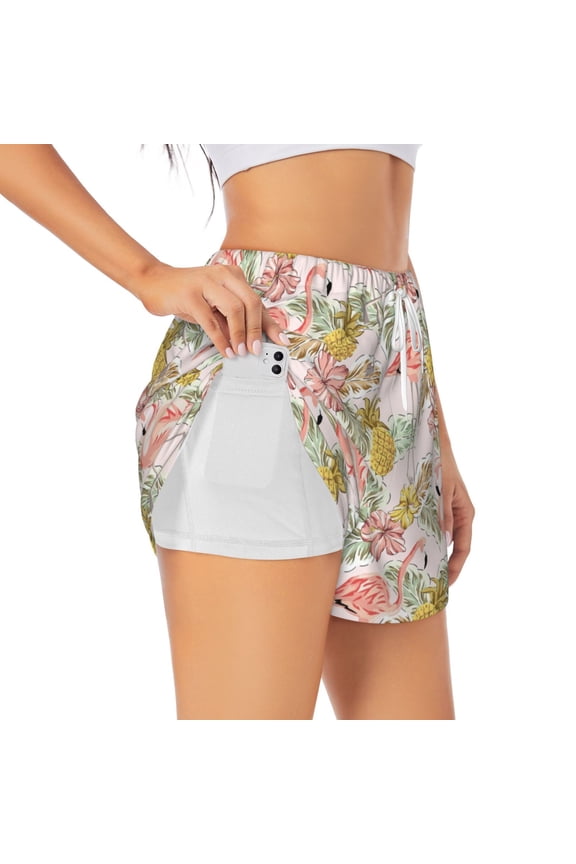 Tropical Flamingo Pineapple Print Women's Sports Shorts with Drawstring Elastic Waistband for Running, Yoga, Fitness-Medium