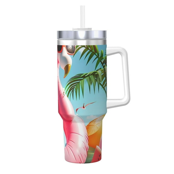 Gukieu Tropical Flamingo Pool Float Print 40OZ Ice Cup, Stainless Steel Vacuum Kettle with Handle Suitable for Hot and Cold Drinks, Travel, Fitness