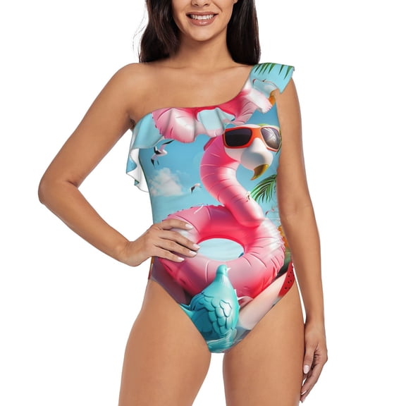 Gukieu Tropical Flamingo Pool Float Print One-shoulder Ruffled One-piece Swimsuit with Removable Chest Pads and Tummy-control Swimsuit for Women-XX-Large