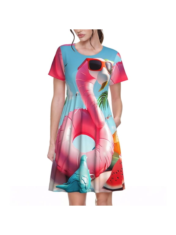 Tropical Flamingo Pool Float Print Women's Short Sleeve Dress, Elastic Waistband A-line with Pockets Summer Dress, Suitable for Daily Leisure, Work, Vacation