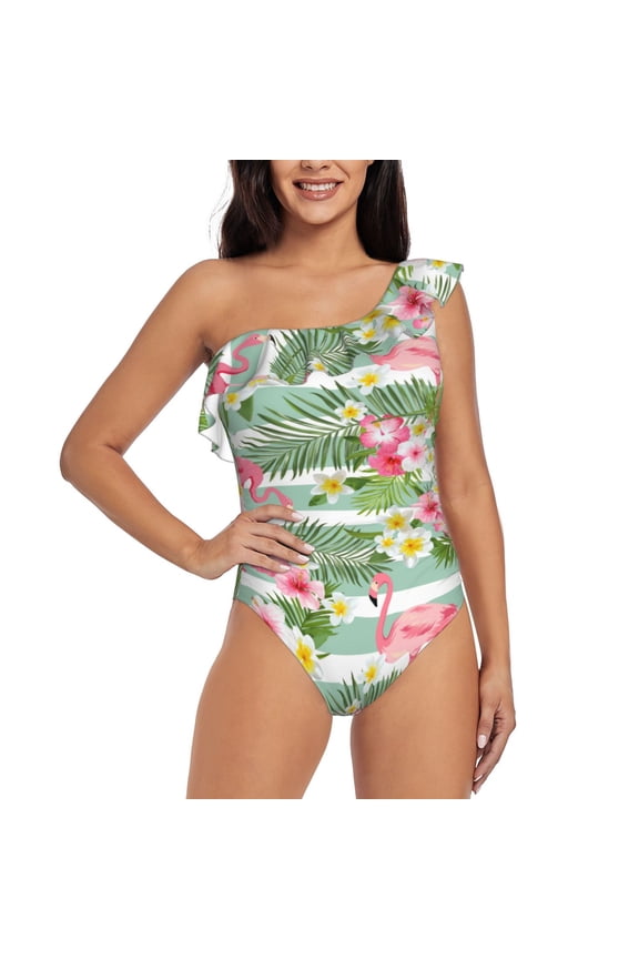 Tropical Flamingo Print One-shoulder Ruffled One-piece Swimsuit with Removable Chest Pads and Tummy-control Swimsuit for Women-Small