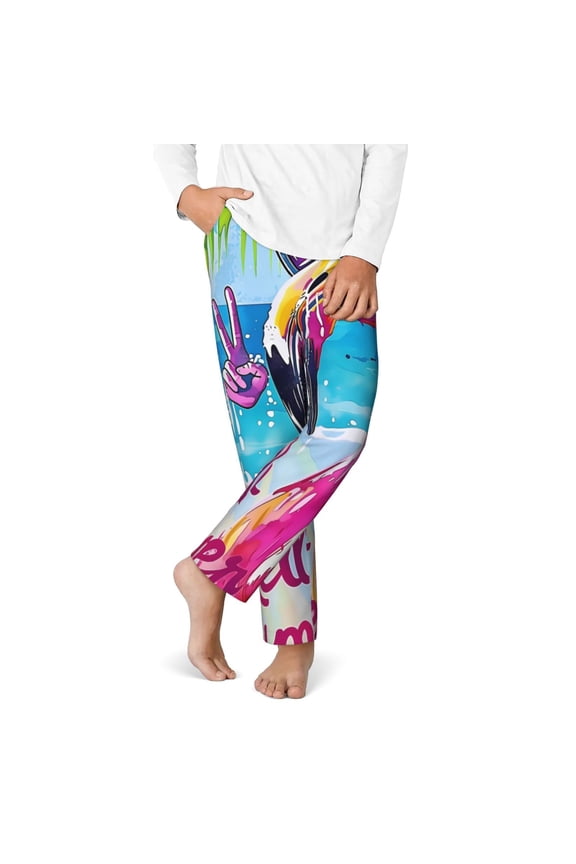 Tropical Flamingo Summer Print Youth Home Trousers, Elastic Waistband with Pockets for Home and Outing, Suitable for Children Aged 5-16-XS(5-6)