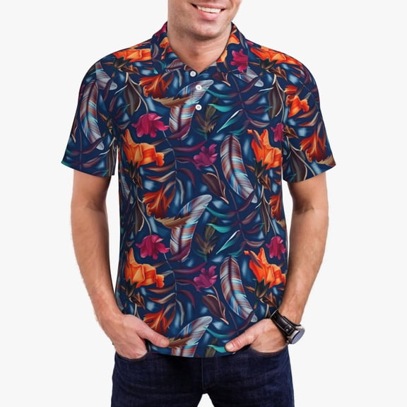 Gukieu Tropical Flower Print Men's Quick-drying POLO Shirt, Button-down Summer T-shirt, Suitable for Work and Outdoor Activities-XX-Large