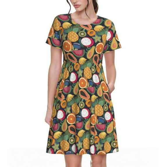 Gukieu Tropical Fruits Print Women's Short Sleeve Dress, Elastic Waistband A-line with Pockets Summer Dress, Suitable for Daily Leisure, Work, Vacation