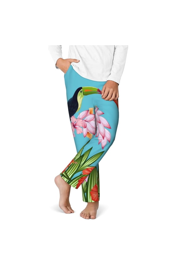 Tropical Jungle Flamingo Print Youth Home Trousers, Elastic Waistband with Pockets for Home and Outing, Suitable for Children Aged 5-16-Medium
