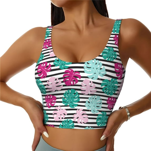 Gukieu Tropical Leaves Print Women's Sports Vest, Low-neck U-shaped Removable Pad Sports Bra for Yoga, Exercise, Dance-X-Large