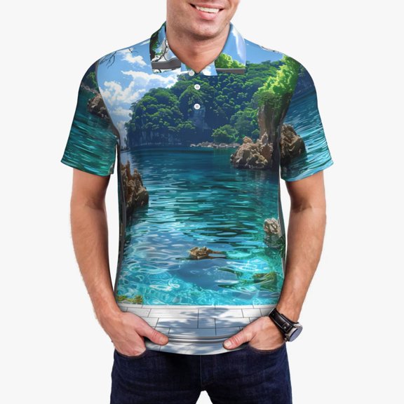 Gukieu Tropical Paradise Window View Print Men's Quick-drying POLO Shirt, Button-down Summer T-shirt, Suitable for Work and Outdoor Activities-Small