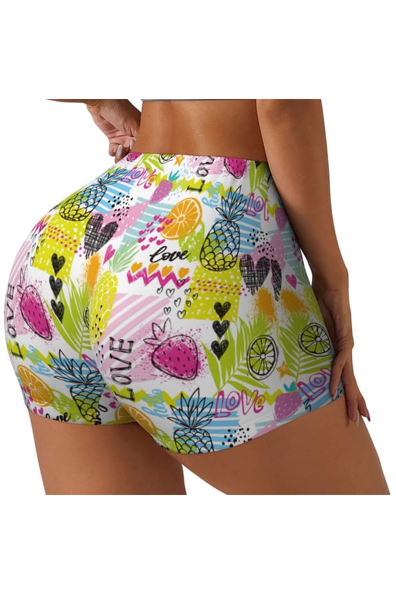 Tropical Pineapples Print Women's Sports Shorts, Elastic Waist High Stretch Running Yoga Gym Sweatpants-Small
