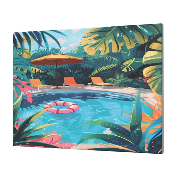 Gukieu Tropical Poolside Relaxation Print Horizontal Canvas Decorative Painting 12x16 Inch Shrinkage Resistant Frame Hanging Home Wall Art Decor