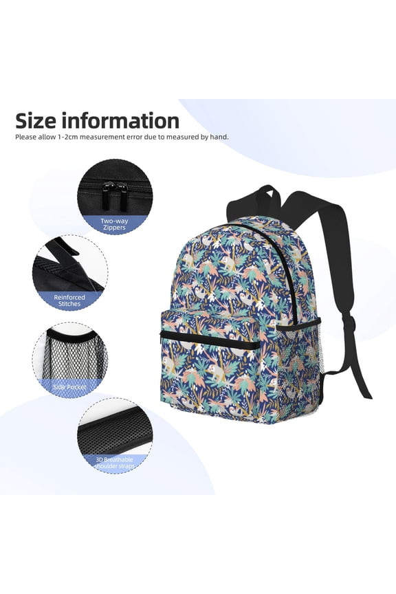 Tropical Sloth Print Backpack, Waterproof Backpack with Adjustable Shoulder Straps, Suitable for Campus, Business, Travel, Unisex