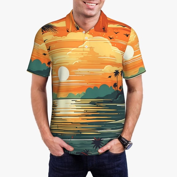 Gukieu Tropical Sunset Paradise Print Men's Quick-drying POLO Shirt, Button-down Summer T-shirt, Suitable for Work and Outdoor Activities-Small