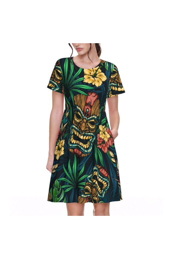 Tropical Tribe Mask Print Women's Short Sleeve Dress, Elastic Waistband A-line with Pockets Summer Dress, Suitable for Daily Leisure, Work, Vacation