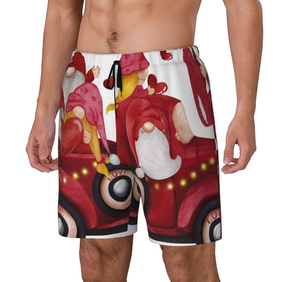 Gukieu Truck With Gnomes Print Men's Double Layer Sports Swim Trunks, Quick Dry Adjustable Waist Swim Shorts Swimwear-X-Large