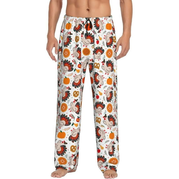Gukieu Turkey And Thanksgiving2 Print Men's Home Trousers, Elastic Drawstring Home Pajamas Clothing Suitable for Adult Men-X-Large