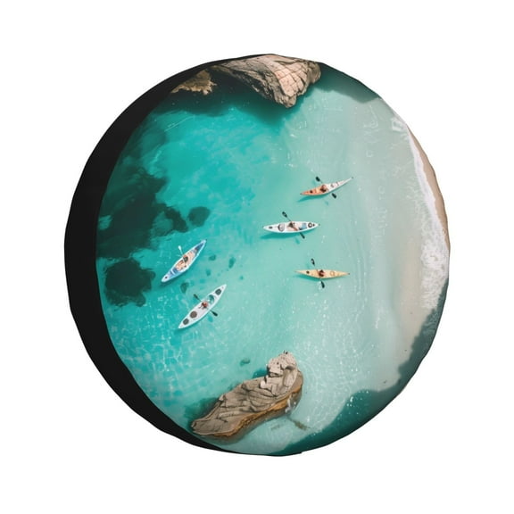 Gukieu Turquoise Beach Kayaking Print Car Tire Cover, Adjustable Waterproof and Dustproof Tire Protection Cover, Suitable for SUV, Truck, Van-17 inch