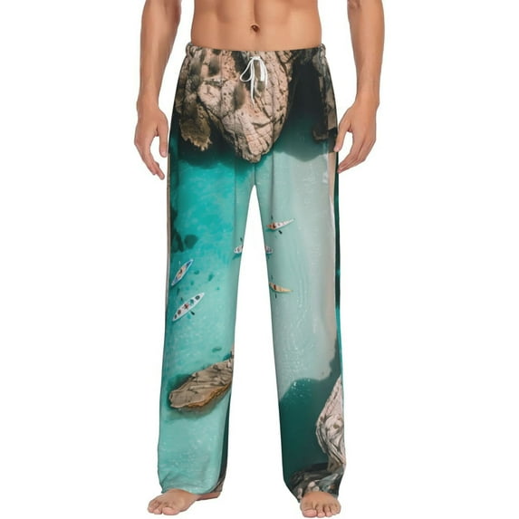 Gukieu Turquoise Beach Kayaking Print Men's Home Trousers, Elastic Drawstring Home Pajamas Clothing Suitable for Adult Men-Large