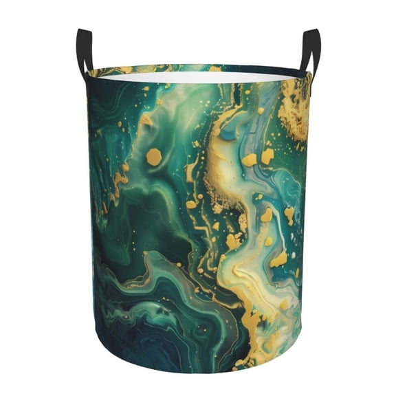 Gukieu Turquoise Golden Swirl Print Round Dirty Clothes Bag, Waterproof Standing Home Bathroom Storage Basket Car Trunk Storage Bag-Small