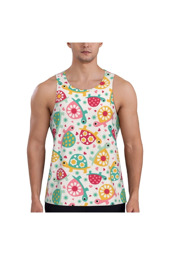 Turtle Flower Print Men's Quick Dry Fitness Vest, Round Neck Sleeveless Fitness Bodybuilding Top-3X-Large