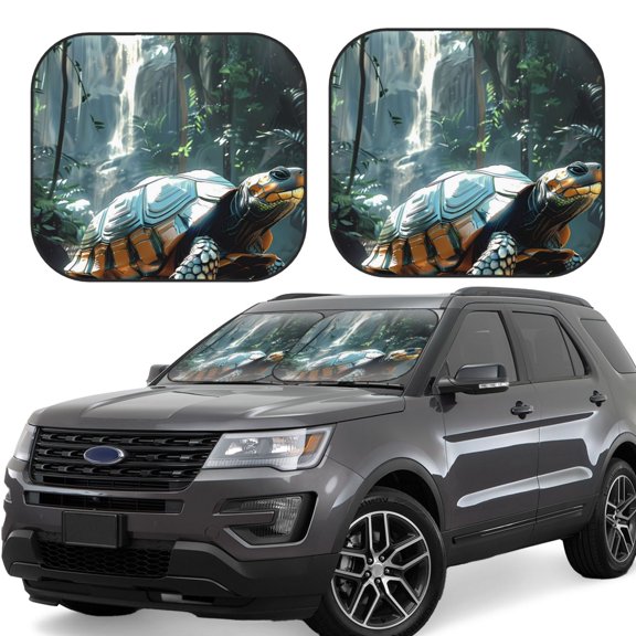 Gukieu Turtle In Jungle Waterfall Print Car Windshield Sun Visor, Foldable Anti-UV Car Sun Visor Suitable for Vans, Trucks Car Accessories-Small