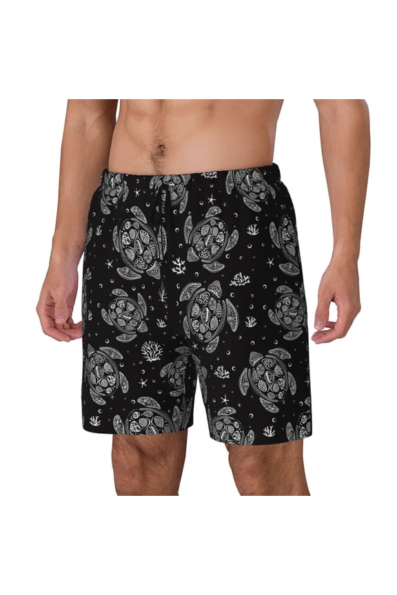 Turtle Print Men's Double Layer Sports Swim Trunks, Quick Dry Adjustable Waist Swim Shorts Swimwear-Medium