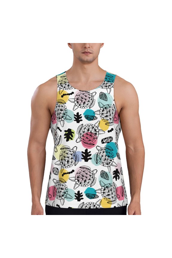 Turtle Print Men's Quick Dry Fitness Vest, Round Neck Sleeveless Fitness Bodybuilding Top-3X-Large