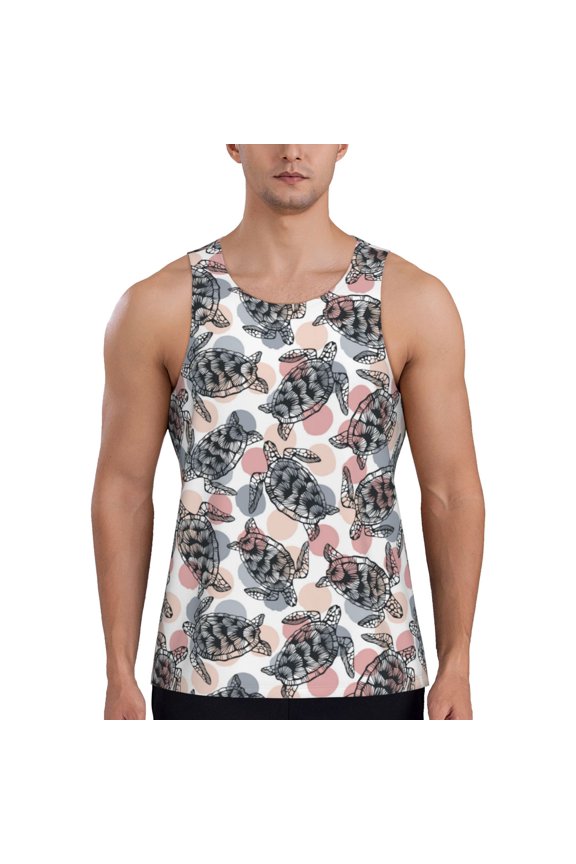Turtle Print Men's Quick Dry Fitness Vest, Round Neck Sleeveless Fitness Bodybuilding Top-Large