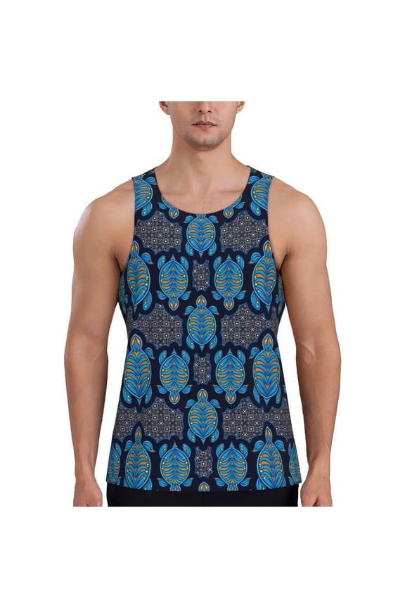 Turtle Print Men's Quick Dry Fitness Vest, Round Neck Sleeveless Fitness Bodybuilding Top-Medium