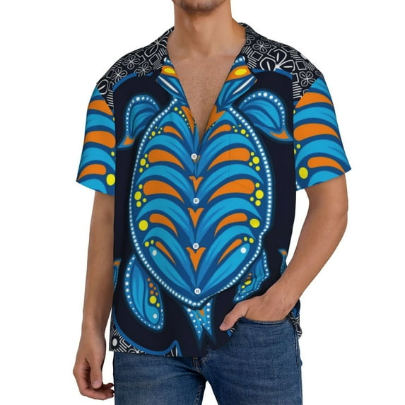Gukieu Turtle Print Men's Short-sleeved Shirts, Button-down Pocket Shirts, T-shirts, Beach Vacation Travel Summer Clothing-Medium