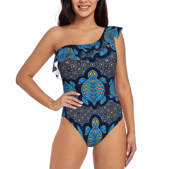 Gukieu Turtle Print One-shoulder Ruffled One-piece Swimsuit with Removable Chest Pads and Tummy-control Swimsuit for Women-Large