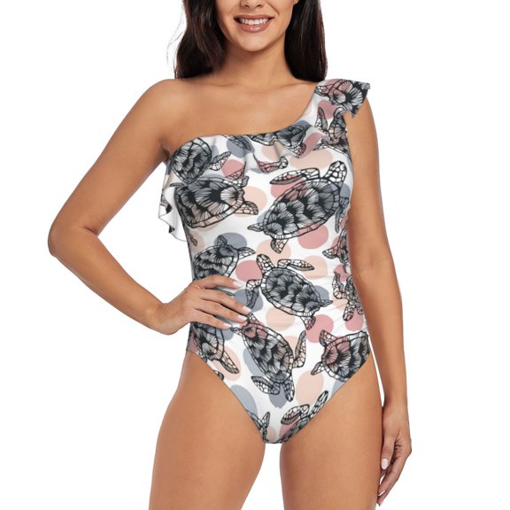 Gukieu Turtle Print One-shoulder Ruffled One-piece Swimsuit with Removable Chest Pads and Tummy-control Swimsuit for Women-Medium