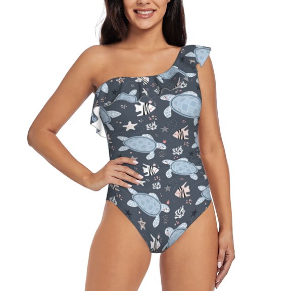 Gukieu Turtle Print One-shoulder Ruffled One-piece Swimsuit with Removable Chest Pads and Tummy-control Swimsuit for Women-X-Large