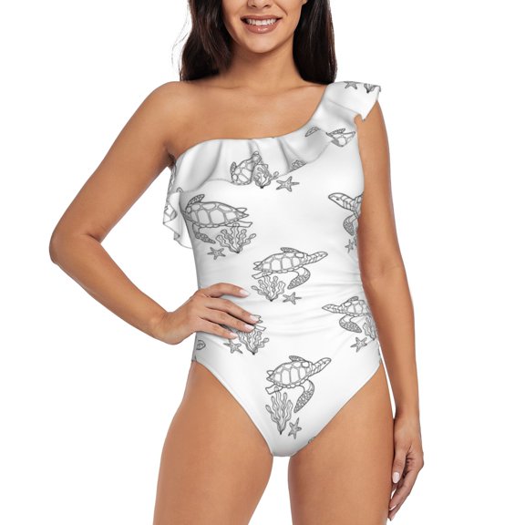 Gukieu Turtle Print One-shoulder Ruffled One-piece Swimsuit with Removable Chest Pads and Tummy-control Swimsuit for Women-XX-Large