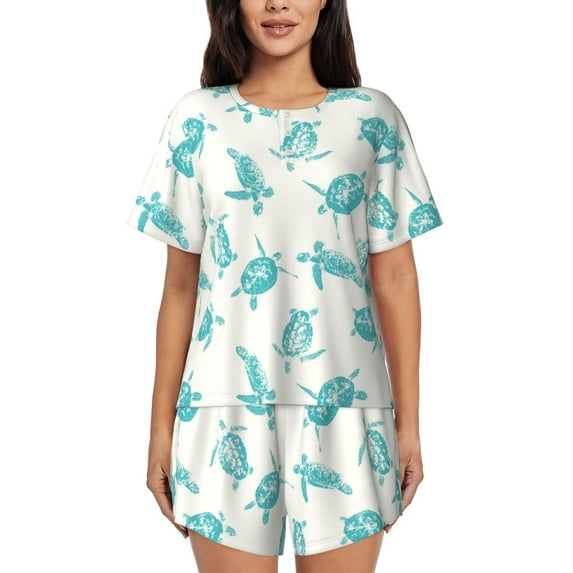 Gukieu Turtle Print Women's Short-sleeved Pajama Set, Round Neck Button Top Elastic Shorts 2-piece Set, Summer Home Leisure Clothing-Small