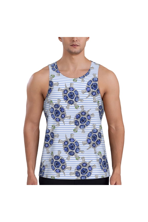 Turtle with Blue Stones Print Men's Quick Dry Fitness Vest, Round Neck Sleeveless Fitness Bodybuilding Top-Large