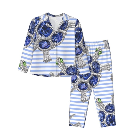 Gukieu Turtle with Blue Stones Print Women's Long Sleeve Pajama Set, Button Top Elastic Pocket Pajama Pants Two Piece Set Home Wear-X-Large