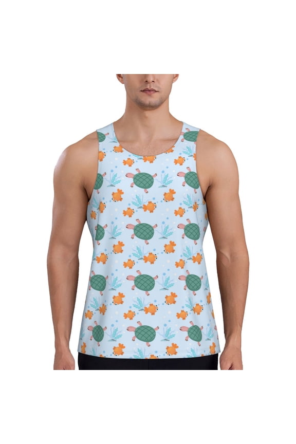 Turtles And Goldfish Print Men's Quick Dry Fitness Vest, Round Neck Sleeveless Fitness Bodybuilding Top-Medium
